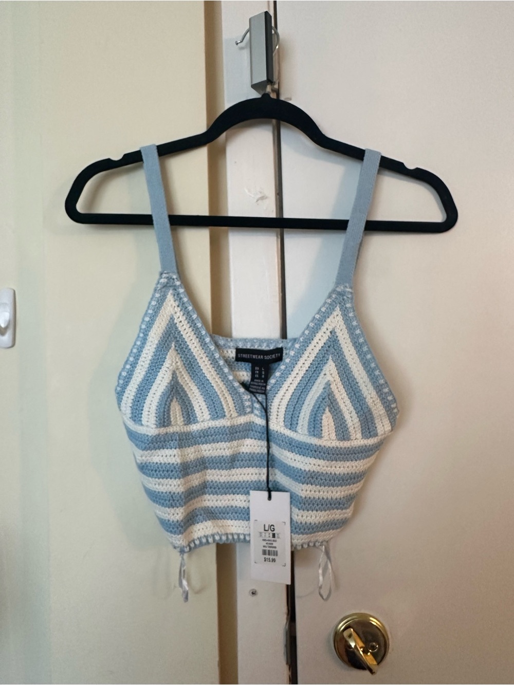 Streetwear Society Blue & White Crochet Strappy Crop Tank